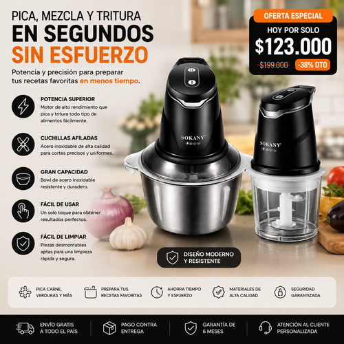 procesador de alimentos 2 en 1 sokany 2L