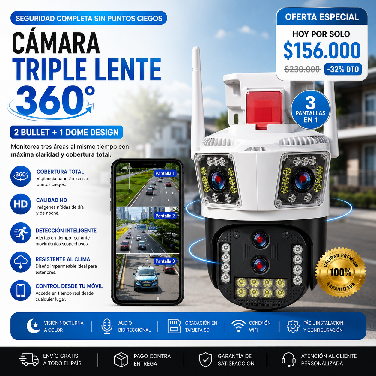 Camara Seguridad Wifi 3 Pantallas Sirena